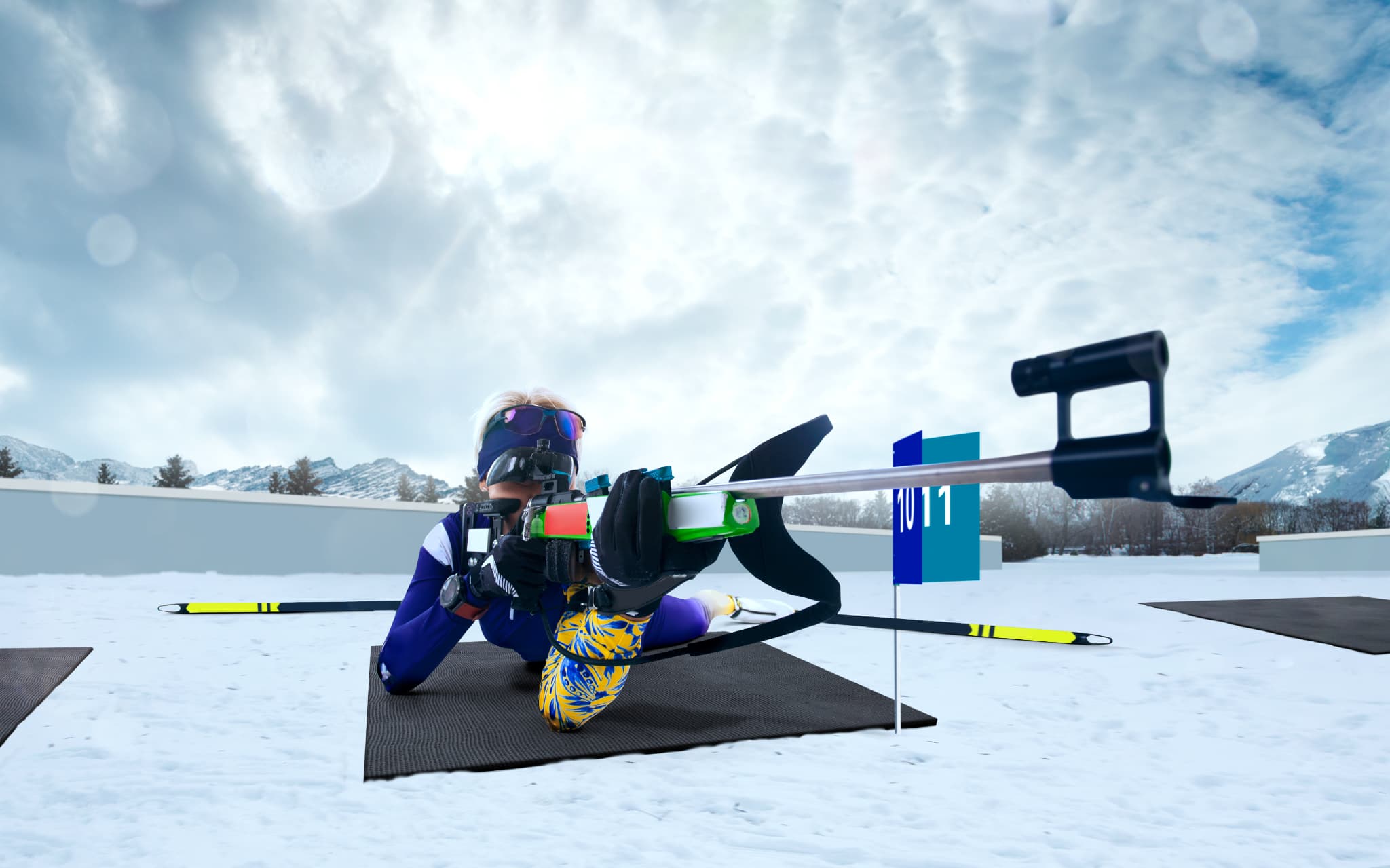 バイアスロン選手を前方斜め45度から撮影